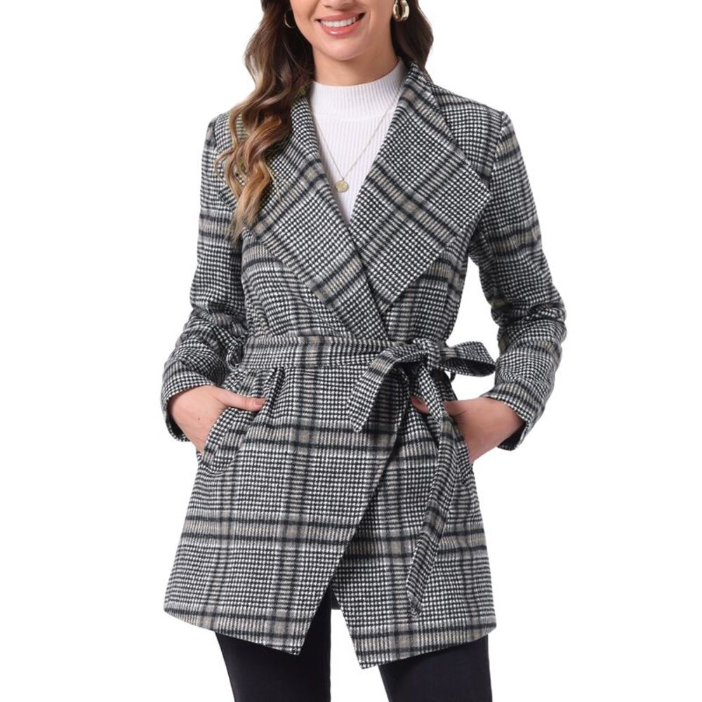 Belted Wrap Outerwear Shawl Collar Asymmetric Hem Plaid Coat Black White